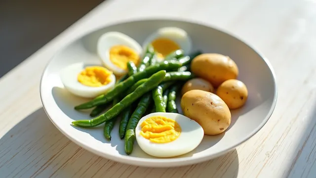 Sautéed French Beans, Steamed Potatoes and Hard-Boiled Eggs