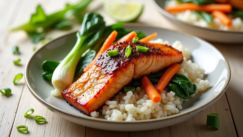 Saumon glacé au miso, riz vapeur et légumes croquants