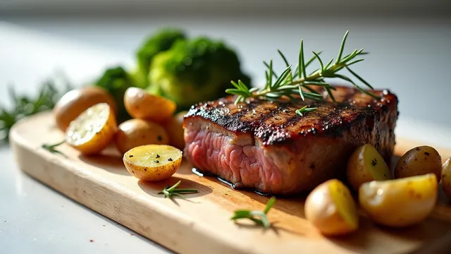 Grilled Steak with Rosemary Roasted Potatoes and Steamed Broccoli