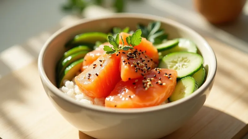IBS-Friendly Salmon Poke Bowl with Rice and Cucumber