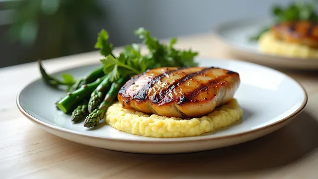 Grilled Chicken, Creamy Polenta and Green Vegetables