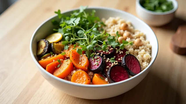 Quinoa Power Bowl with Roasted Vegetables and Gentle Hummus