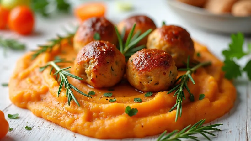 Baked Chicken Meatballs with Sweet Potato Mash