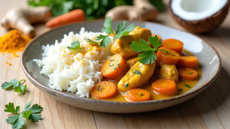 Curry doux de poulet, riz et carottes