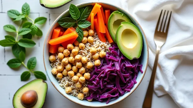 Brown Rice Buddha Bowl with Roasted Chickpeas and Massaged Red Cabbage